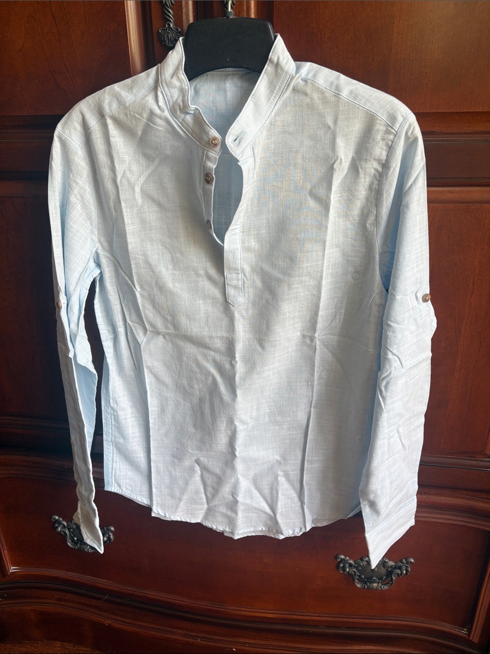 Casual Light Blue Mandarin Collar Button-Up Shirt